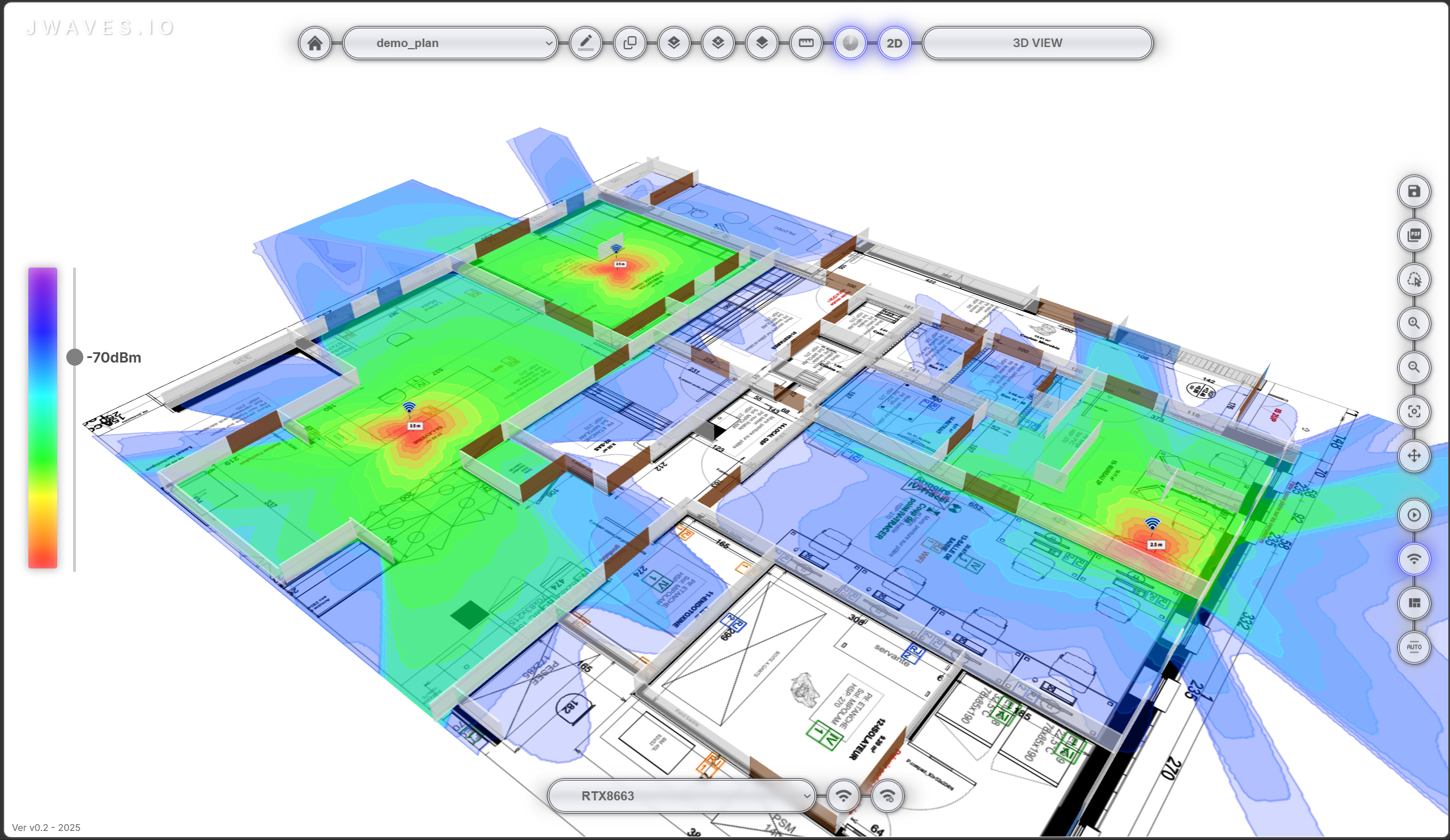 3D DECT coverage prediction over a building floor plan.